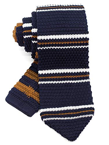 Wandm Men's Pointed Knit Tie Necktie Width 2.75 Inches Washable Horizontal Multi Stripe Navy Blue And Ochre #TOP7