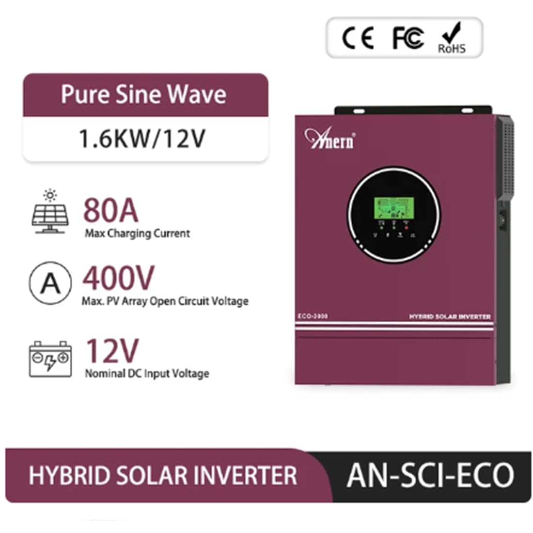 Anern 2000W 2KW Solar Wechselrichter Hybrid 12VDC bis 230VAC 2000W, Integrierter MPPT 80A Solar Ladegerät, Max. 400V PV Eingangsspannung, Betrieb mit Blei- und Lithium-Batterien (2KW)