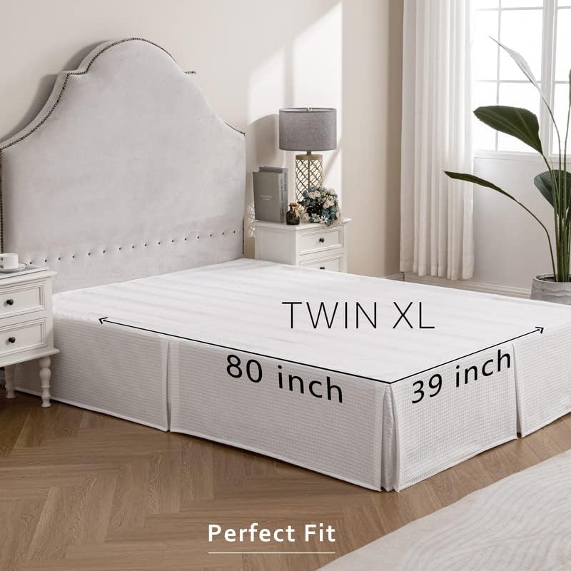 Image of MIYE Pleated Waffle Weave Bed Skirt, Tailored Dust Ruffle 16 Inch Drop Easy Fit, Machine Washable (White, TwinXL - 16 inch Drop)