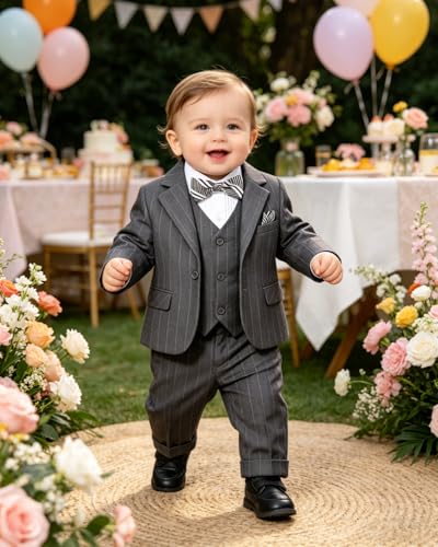 Image of Baby Boy Suits Formal Stripe Gentleman Tuxedo Suit Set Complete Dress Clothes Toddler Wedding Ring Bearer Outfit