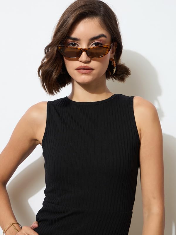 Image of barcino Black Rib Back Cut-Out Midi Dress