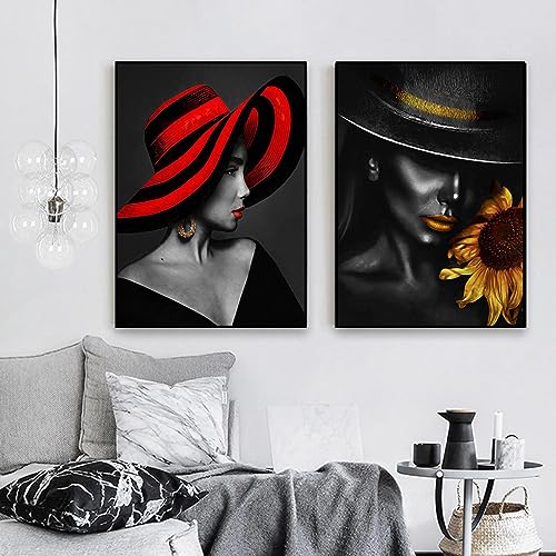 Cuadro de lienzo de mujer con sombrero rojo póster étnico abstracto para pared 70x100 cm