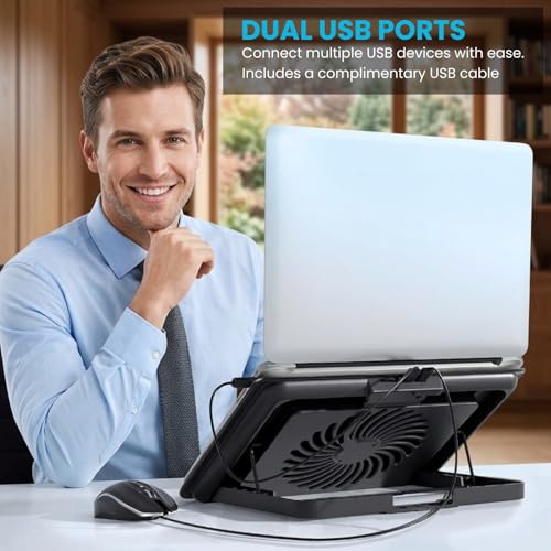 Image of Aluminum Laptop Cooling Pad with Fan & 7 Height Settings | Ultra Silent Notebook Cooler Stand with Dual USB Ports | Compatible for MacBook, Dell, HP, Lenovo & Laptops Upto 15.6 Inch (Silver)