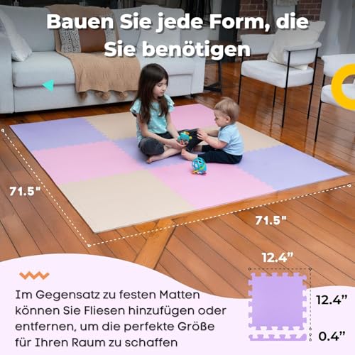 Image of MioTetto Soft Non-Toxic Foam Baby Play Mat | Colourful Puzzle Play Mat | Floor Mats with 36 Squares for Kids and Babies | EVA Foam Interlocking Tiles, Pink Purple Beige, 36
