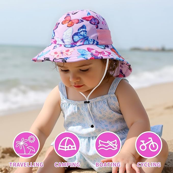 Image of Toddler Baby Sun Hat Kids Summer Beach Essentials Adjustable Beach Hats with Bucket Wide Brim for Boys Girls Age 0-14 Years