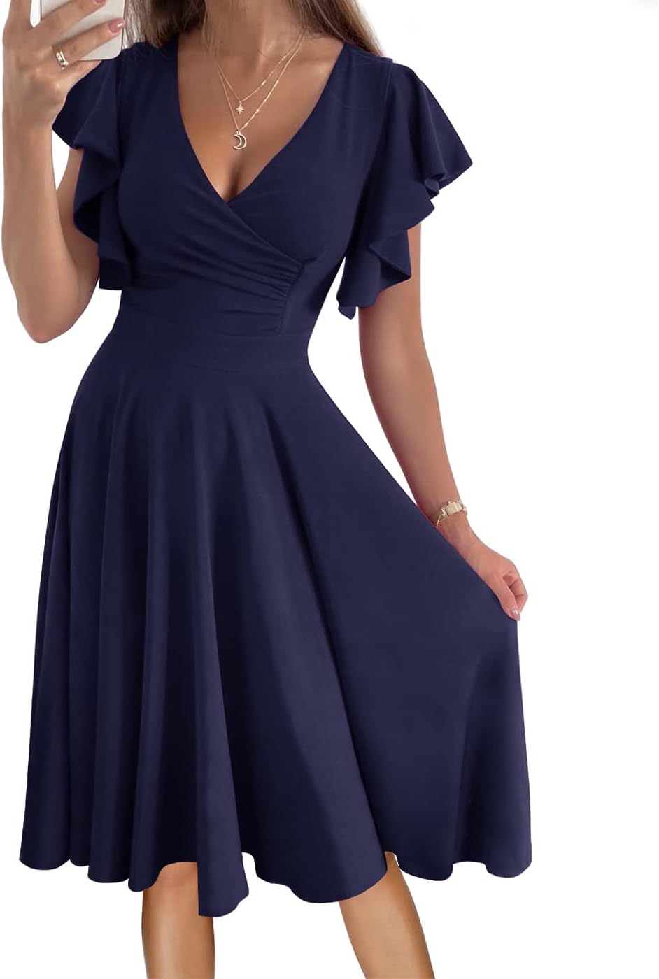 Women's Cocktail Dress Wrap V Neck Ruffle Short Sleeve A Line Work Formal Wedding Guest Midi Dress with Pockets - Image 2
