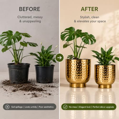 Image of ecofynd 2 Pack Metal Plant Pots (7 inch, 5.5 inch), Indoor Small Planter Flower Pots, Home Garden Decor Planter for Living Room Bedroom Interior (Gold Finish, POT054)