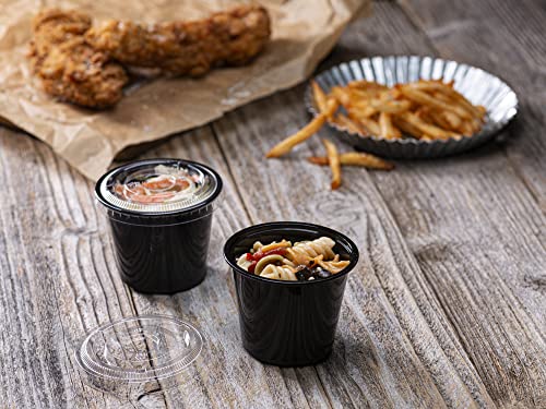 Image of (5 oz - 100 Sets) Black Diposable Plastic Portion Cups With Lids, Small Mini Containers For Portion Controll, Jello Shots, Meal Prep, Sauce Cups, Slime, Condiments, Medicine, Disposable Souffle Cups