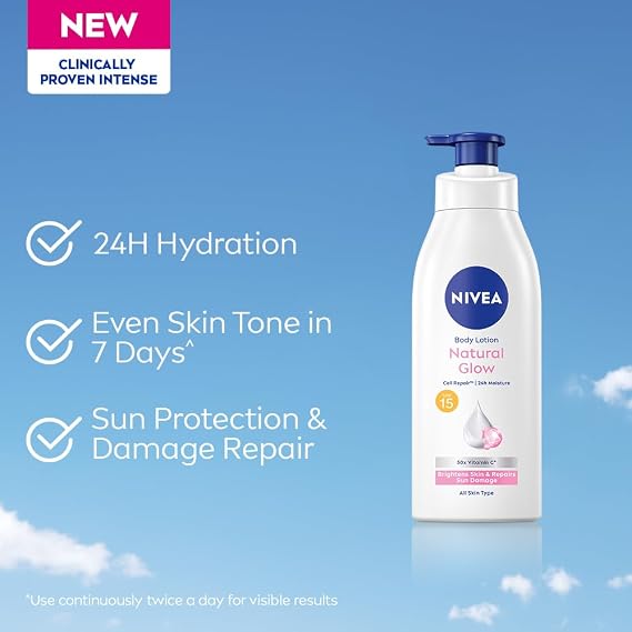 Nivea Natural Glow Body Lotion with SPF 15, Vitamin C, Lightweight Moisturizing Lotion for Daily Use, 13.52 Fl Oz (Pack of 1)