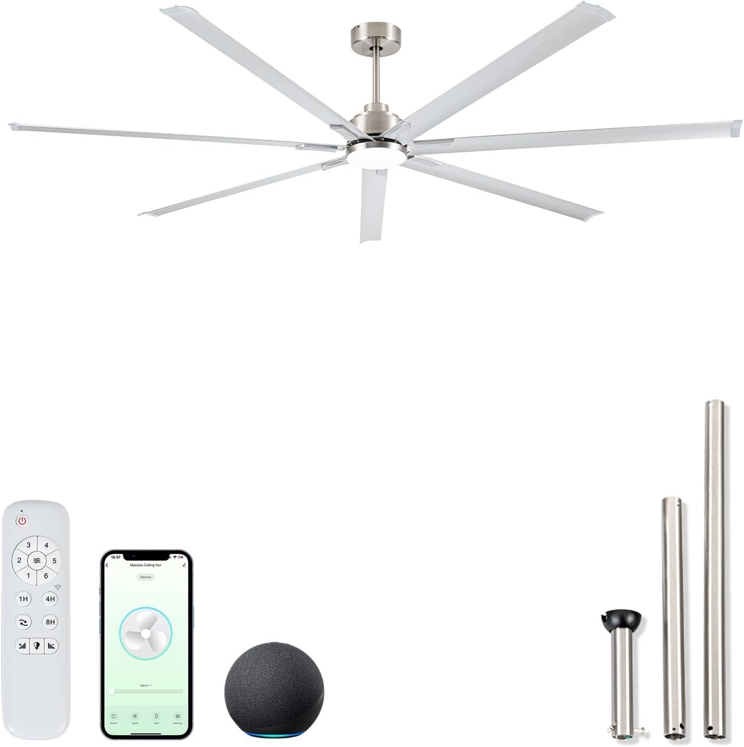 96" Industrial & Commercial HVLS 7 Brushed Nickel Aluminum Blades Ceiling Fan with Light,Works with Alexa,High CFM Brushless Motor,6-Speed,Indoor/Outdoor Ceiling Fan for Patio,Garage,Shop 96 inch
