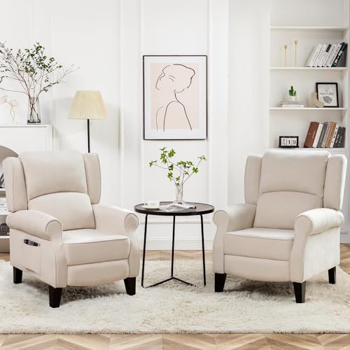 YYUUIJOAA Pushback Recliner Chair Set of 2, Fabric Armchair Push Back Recliner with Adjustable Footrest and Side Pocket, Comfy Wingback Accent Chair Reclining Sofa for Living Room, Beige