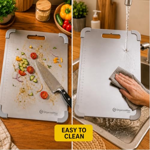 Image of Organizemee Stainless Steel Chopping Board Large 36 x 25 cm, Non Slip Cutting Board for Kitchen with Silicone Anti-Skid Corner Protectors, Rust Proof Steel Prep Board for Vegetables, Fruits & Meat