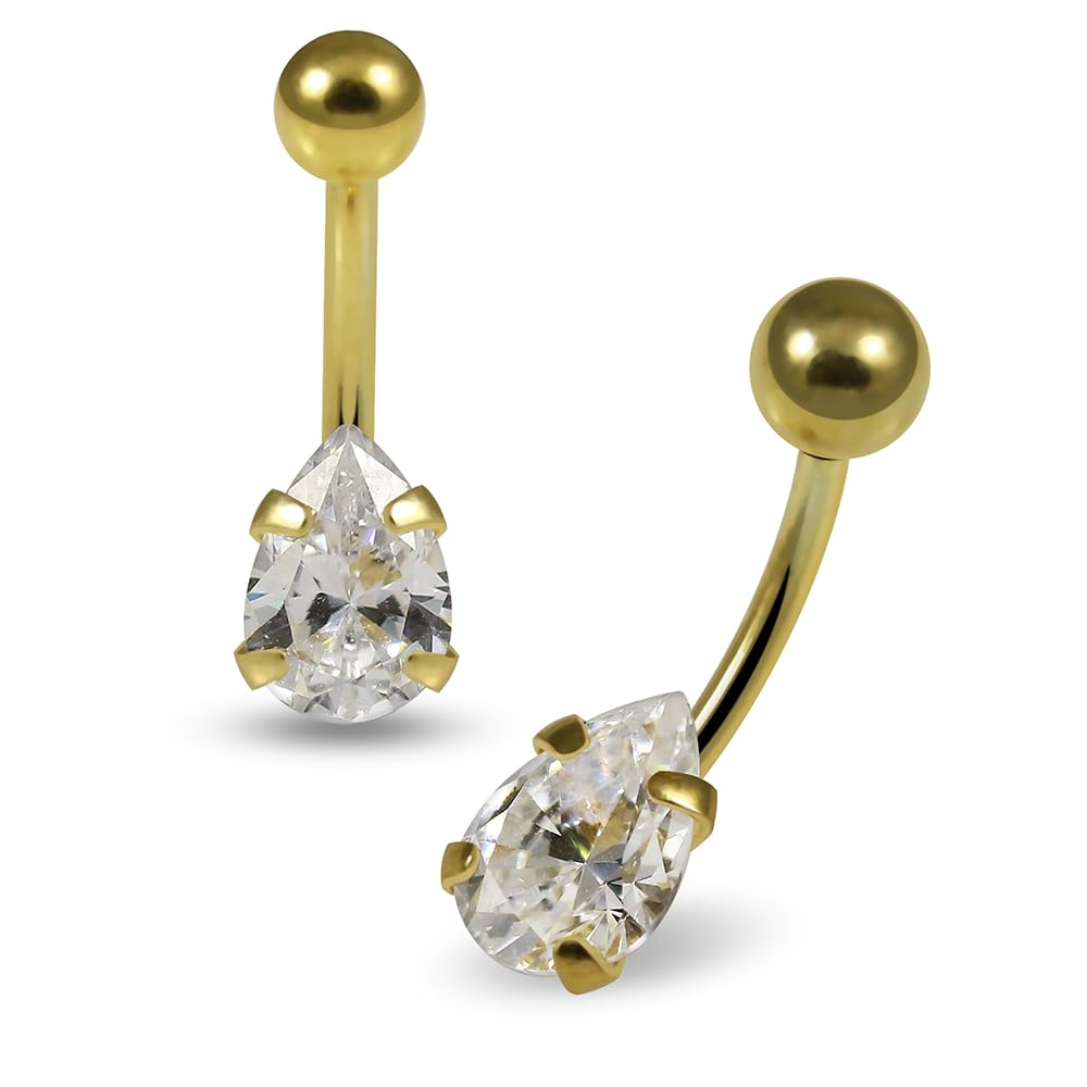 Piercing para ombligo de oro amarillo macizo de 14 quilates, calibre 16, con forma de lágrima, calibre 16, joyería para ombligo, anillos curvados de oro, 16 Gauge ( 1.2mm ), Circonia