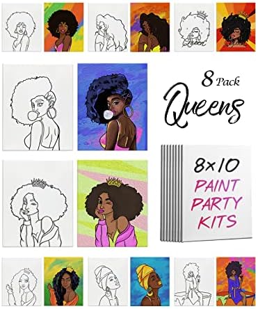 Ynedin 8 Pack 8 * 10 Canvases for Painting Kit, Afro Queen Pre Drawn Canvas for Painting Adults Outdoor Parties Birthday Gifts, Paint and Sip Kit for Adult
