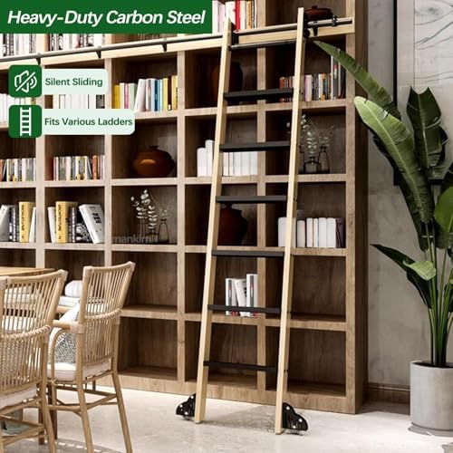 Home Library Ladder Hardware Kit - 8ft Rolling Track System for Office/Wine Cellar/Closet, Durable Carbon Steel Round Tube, Black (Ladders Not Included)