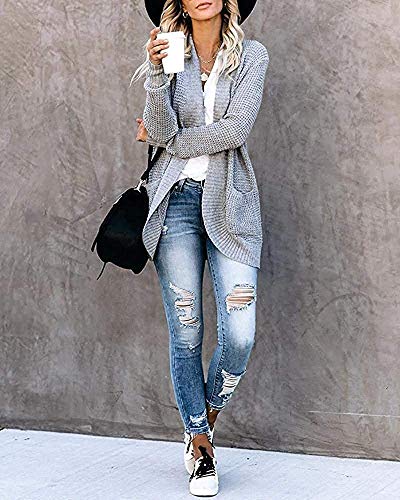 Xpreen Womens Long Sleeve Open Front Cardigan Casual Lightweight Waffle Knit Sweaters Outerwear with Pockets Grey