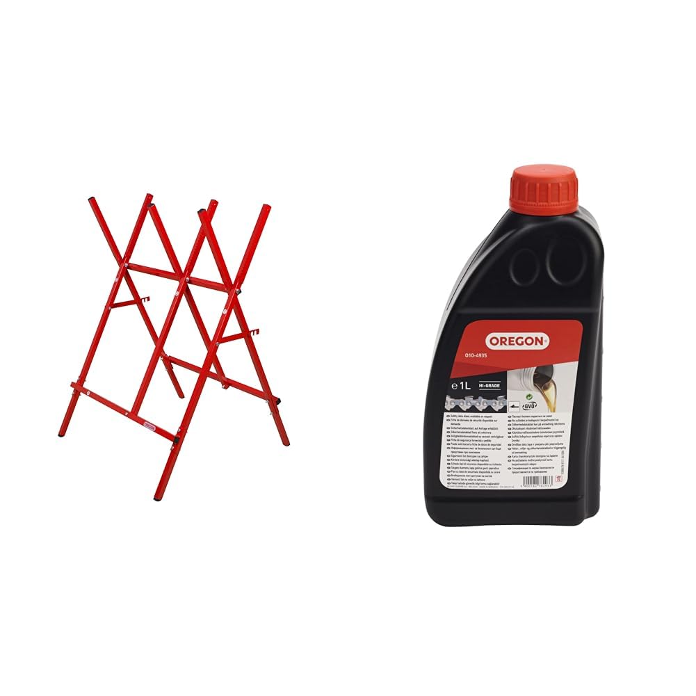 Oregon - Chevalet de Sciage en Acier, Repliable et Ajustable, Bûches de 27 cm de Large Maximum (584145) & Huile pour Chaîne et Guide-Chaîne de Tronçonneuse, 1 L (O10-4935)