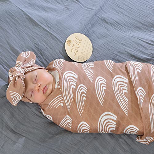 Image of BabyWhale Muslin Swaddle Blanket with Hat and Headband Bow, Boho Rainbow Pattern Swaddle Set for Baby Boys & Girls, Unisex Silky Soft Breathable Receiving Wrap, 47x47 inches, Brown