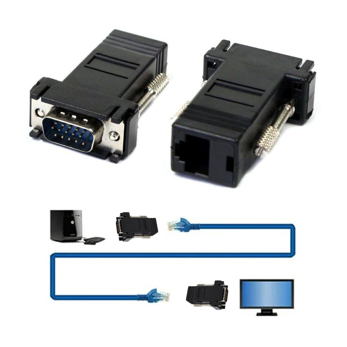 JSER Connettore da VGA maschio a Ethernet, Lan, Cat5, Cat5e, RJ45 femmina, 2 pezzi