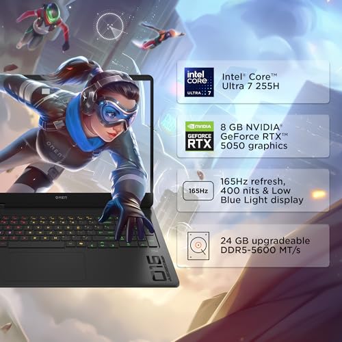 Image of HP Omen, Intel Core Ultra 7 255H, 8GB RTX 5050, 24GB DDR5(Upgradeable) 1TB SSD, 2K, 165Hz, 3ms Response time, IPS, 16'' /40.6cm, Win11, M365*Office24, Shadow Black, 2.43kg, am0240tx, RGB Gaming Laptop