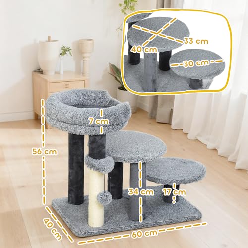 PawHut Katzentreppe 3-stufige Haustiertreppe mit Bett Ball Hundetreppe Tiertreppe für Katzen bis 5 kg Plüsch Grau 60 x 40 x 56 cm