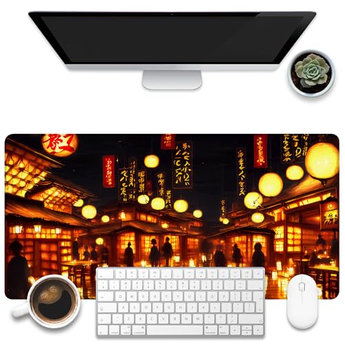 KOAIWPAE Sous-main de bureau, motif lanterne de ville, scène de nuit, maison traditionnelle japonaise, grand tapis de souris de jeu, 80 x 40 cm, grand tapis de souris pour clavier étendu avec base