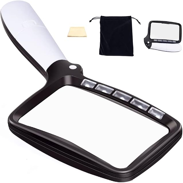 Stickerboy Rectangular Magnifying Glass with Light Magnifier Foldable Handheld 5 LEDs 3X Magnification with 2 Dimming Modes Aid for Seniors Reading Books Pages Magazines Maps Newspaper
