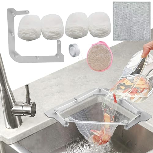 Hibd Kitchen Sink Triangle Tri-Holder Filter Kitchen Sink Strainer With A Gray Rack And 200Pcs Large Filtering Mesh Bags For Kitchen Leftover And Tools For Dish Cleaning cover