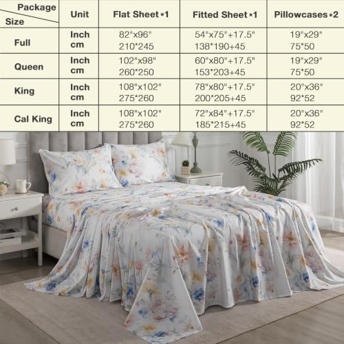 Image of Vintage Blue Floral Percale Bed Sheets California King Deep Pocket | 100% Cotton Neutral Flower Sheet Set, Botanical Printed French Country Sheets, Shabby Chic Bedding, Soft Crisp, White, 4Pcs