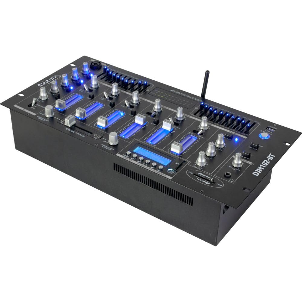 IBIZA SOUND DJM102-BT 19" Rack-Mischpult mit 6 Kanälen, Bluetooth, USB, Line, Phono, Mikrofon-Eingänge, XLR, 1/4" TRS Ausgänge