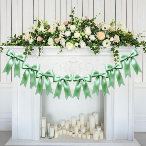 Image of 2 Strings of 16PCS Sage Green Bow Garlands Banner Decoration,Pre-Strung Satin Ribbon Ornaments for Birthday,Bachelorette Party,Bridal Shower,Wedding,Engagement,Baby Shower,Graduation Decor,Anniversary