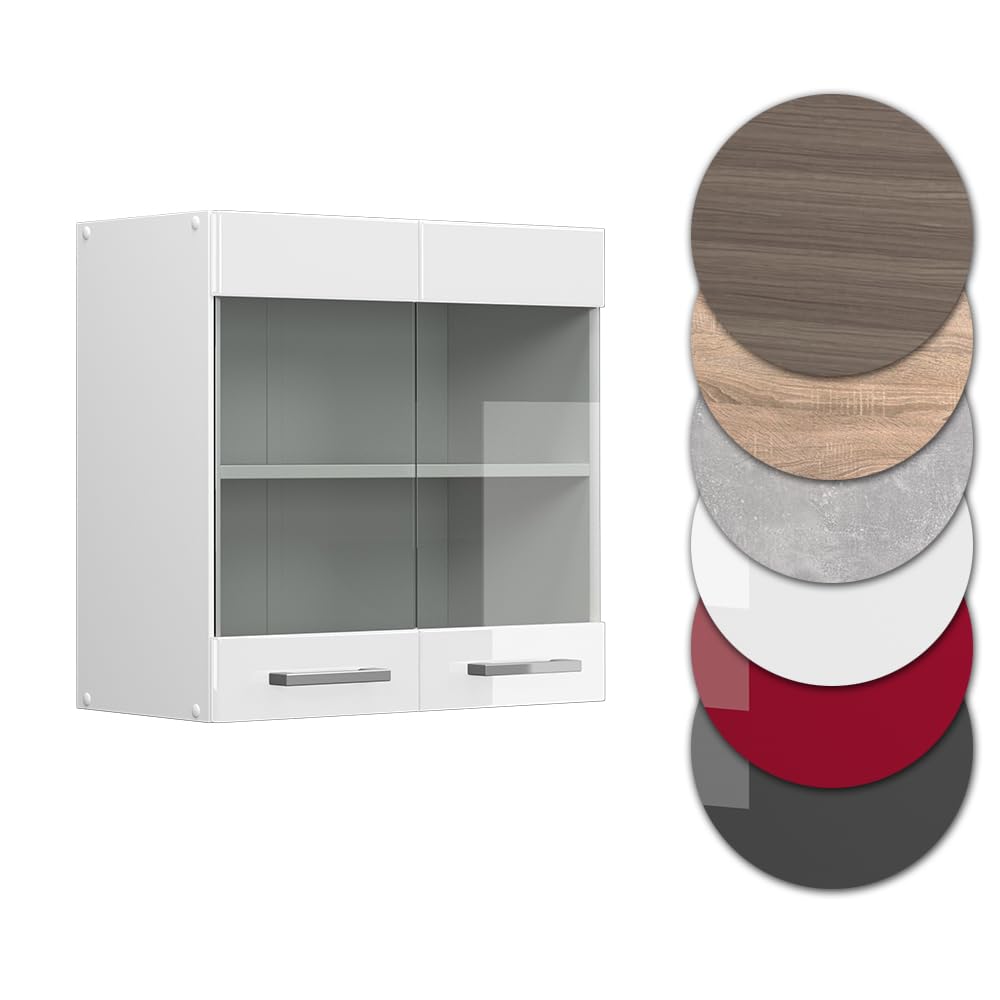 Vicco Armario de Cocina con Vidrio R-Line, Blanco Alto Brillo, 60 cm, para combinación Libre Dentro de Sistemas de Cocina modulares