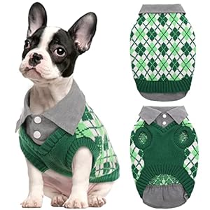 Kuoser Plaid Dog Sweater Warm Clothes, Patchwork Design Pet Dog Knitwear Classic Pullover Puppy Coat Cold Weather Sweatshirts with Leash Hole for Small Medium Cats Dogs (XS, Green)