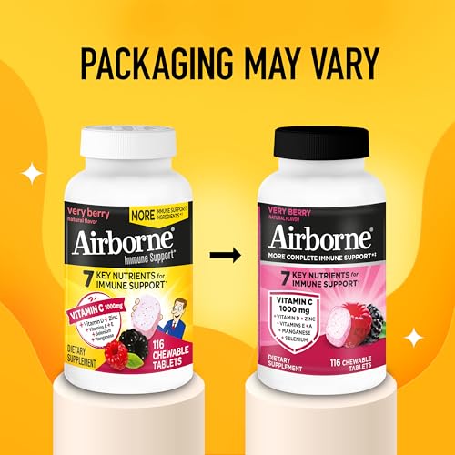 Image of Airborne Very Berry Chewable Tablets, 116ct | Immune Support Supplement with 1000mg Vitamin C + Vitamins A, D, E, Zinc,Selenium, & Manganese | Herbal Blend | Gluten Free | Antioxidants Vitamins A, D & E + Zinc, Selenium, and Manganese, Herbal Blend, Multivitamin Supplements, Immune Health, Tasty