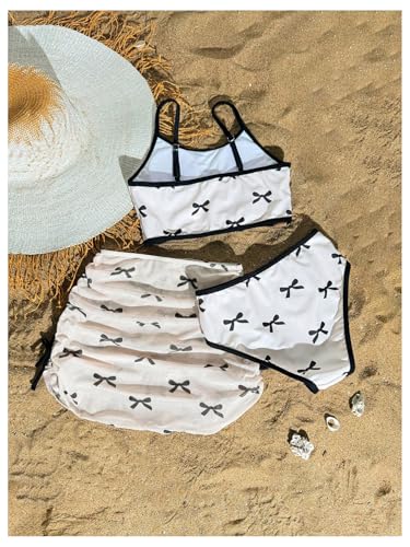 SHENHE Girl's 3 Piece Swimsuit Bow Print Crop Top Bathing Suit with Mesh Cover Up Skirt2