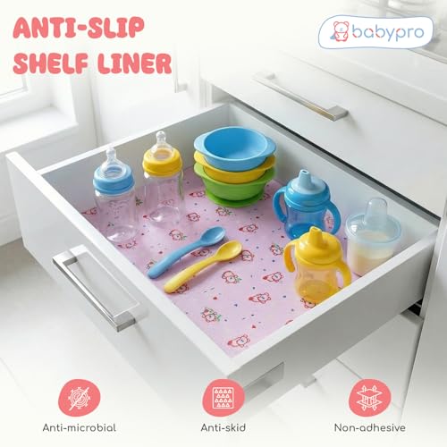 Image of BabyPro Non-Slip EVA Shelf Liner Roll, Anti Slip Mat for Kitchen, Drawer & Cabinet, Food Grade, BPA Free, Washable, Anti Microbial, Water Resistant, 45 cm x 5 m, Pink, Pandro Love