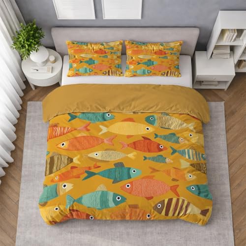 Juego de Funda Nórdica (C), Abstracto Pez Banco, Naranja Rico Funda Nórdica, Ropa de Cama, en Microfibra Suave, Fácil de Cuidar, Lavable a Máquina, Ligera, Antiarrugas