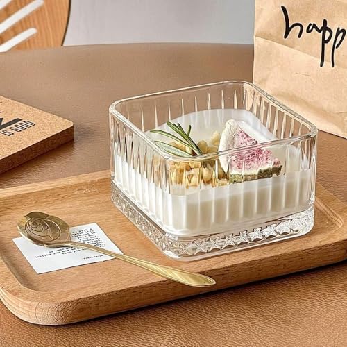 Image of Glassbunny Glass Bowl Set of 6 Clear Serving Bowls for Snacks, Ice Cream, Salads Elegant Glass Tableware for Kitchen & Dining, Square Dessert Bowls Transparent Striped 350ML