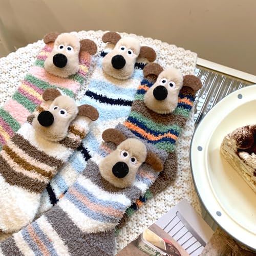 Image of 5 Pairs Fuzzy Socks for Women, Winter Thickening Coral Velvet Cozy Socks, Warm Home Sleeping Socks, Cute Animal Slipper Socks