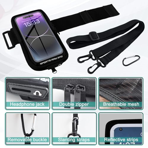 Phone Holder for Running, Running Armband Phone Holder with Carabiner, Phone Armbands for iPhone 17 16 15 14 13 12 11Pro Max & Galaxy S25/S24/S23, Cell Phone Armband Up to 6.8'' Phone (Black) by Atenyue - Image 4