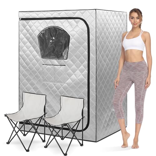 Gollense Portable Sauna for Home 2 Person Steam Tent with 2 Folding Chairs, Full Size Large Foldable Indoor Steam Box for Relaxation, Steamer NOT Included, Sliver