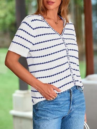 Image of NALANISA Women's Short Sleeve Sweater Spring Summer Crochet Knit Tops 2026 V Neck Striped Button Down Dressy Casual Blouses