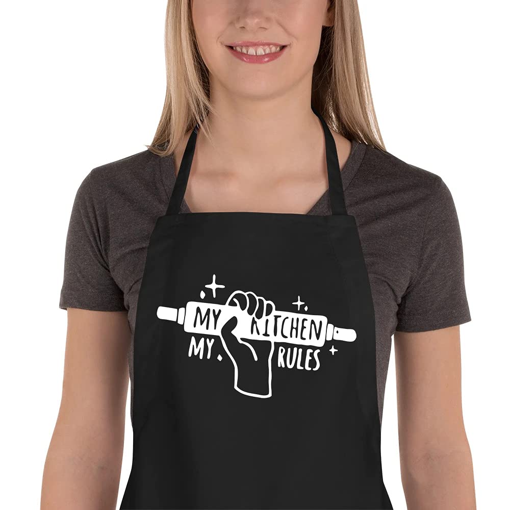 Funny Apron for Men, Women - My Kitchen My Rules - Adjustable Kitchen Aprons with 2 Large Pockets for Cooking Baking, Fun Birthday Gifts for Mom Dad Wife Husband Girlfriend
