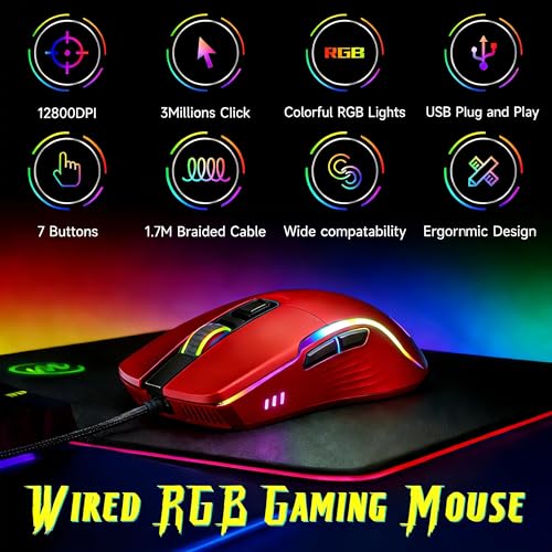 Image of memzuoix Wired Gaming Mouse with RGB - 6 Adjustable DPI up to 12800, 6 Buttons, 12 Lighting Modes, Ergonomic Design with Anti-Slip Rubber Wheel, 5.6ft Braided Cable for PC /Mac /Windows - Red