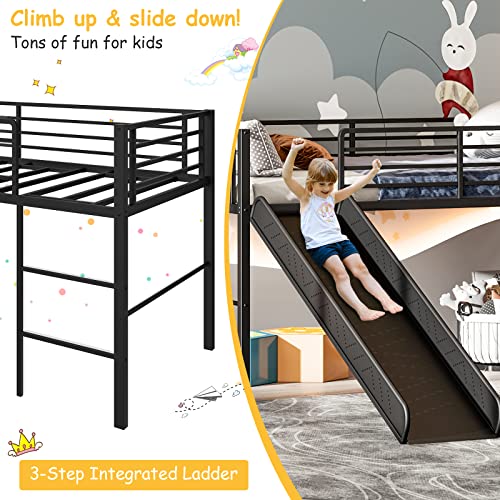 Giantex GT10160-HU Twin Loft Bed With Slide, Metal Low Bunk Bed W/Safety Guardrails & Built-In Ladder thumb #3