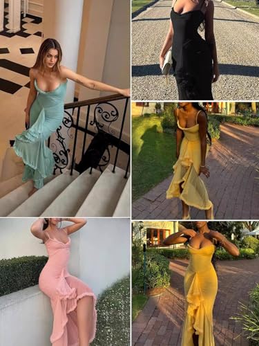 Image of meilun Elegant Mesh Wedding Guest Dress Flowy Ruffle Bodycon Maxi Dress Fishtail Long Formal Dress