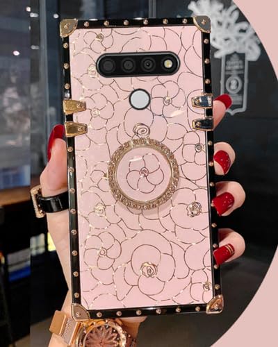 LXXZBC for LG Stylo 6 Trunk Case Luxury for Women Girls Kids Design Glitter Bling Cute Gold Rose Flower Soft Fancy Cover with Ring Holder Kickstand Phone Skin,Pink