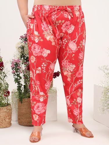 Image of Tissu Women's Plus Size Pure Cotton Red Asymmetrical Top with Trouser Co-ord Set