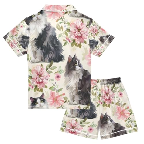 senya Flower Cat A Satin Summer Pajama Sets Silk Short Sleeve Button Down Sleepwear2