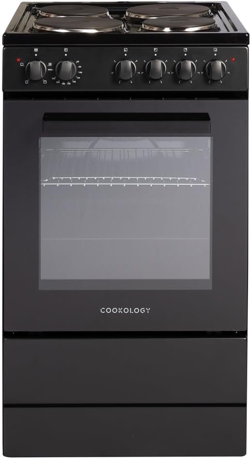 Cookology CFSPSC501BK 50cm 62L Capacity Single Cavity Freestanding Electric Cooker with 4 Zone Solid Plate Hob Cooktop - Black